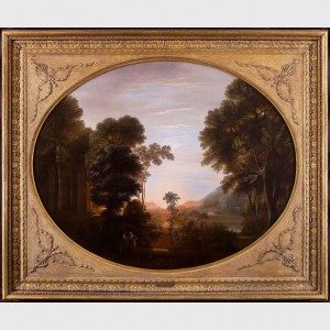 John Taylor, A Wooded Classical Landscape at Evening with Figures in the Foreground, 1772. Oil on canvas. Crystal Bridges Museum of American Art.