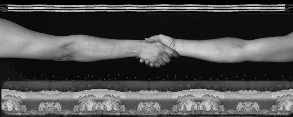 Photographic black and white print where two outstretched arms clasp over a dark background. Above is a wampum belt and below is a border image of power lines, a river and groups of trees.