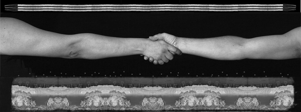 Photographic black and white print where two outstretched arms clasp over a dark background. Above is a wampum belt and below is a border image of power lines, a river and groups of trees.