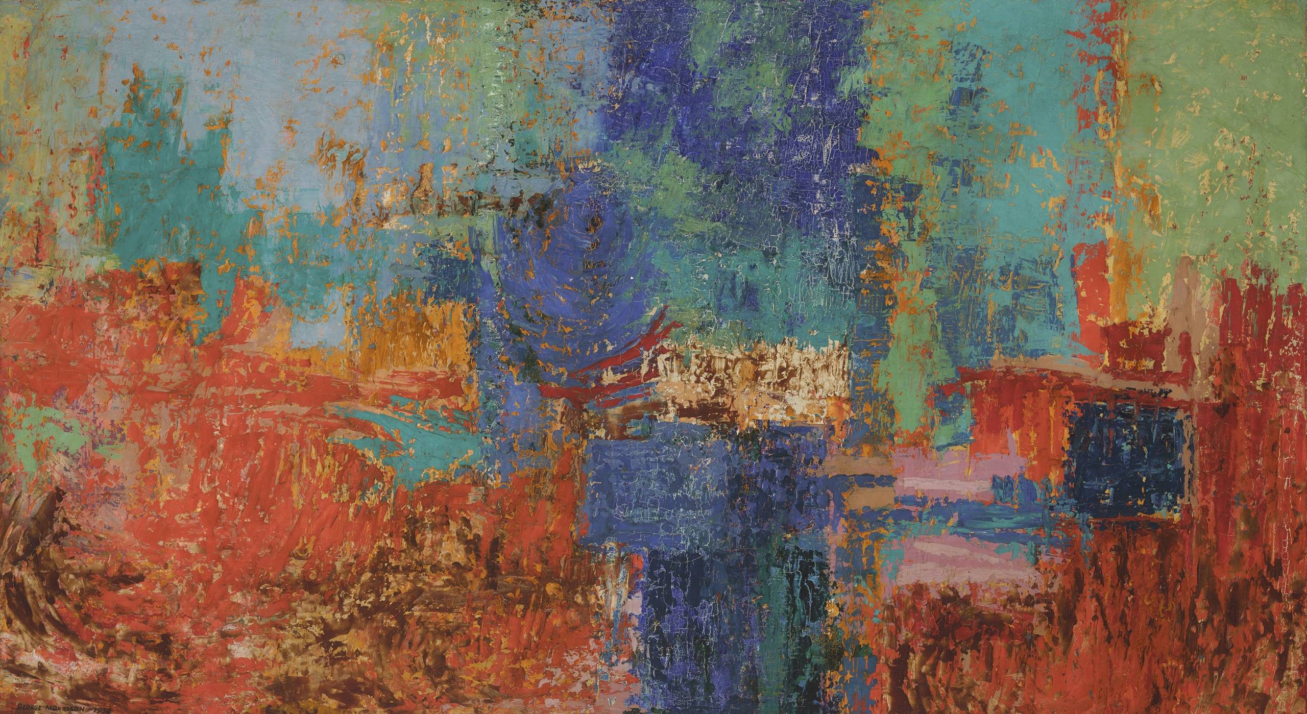 Abstract painting with bold strokes and colors like red, blue, orange, and green.