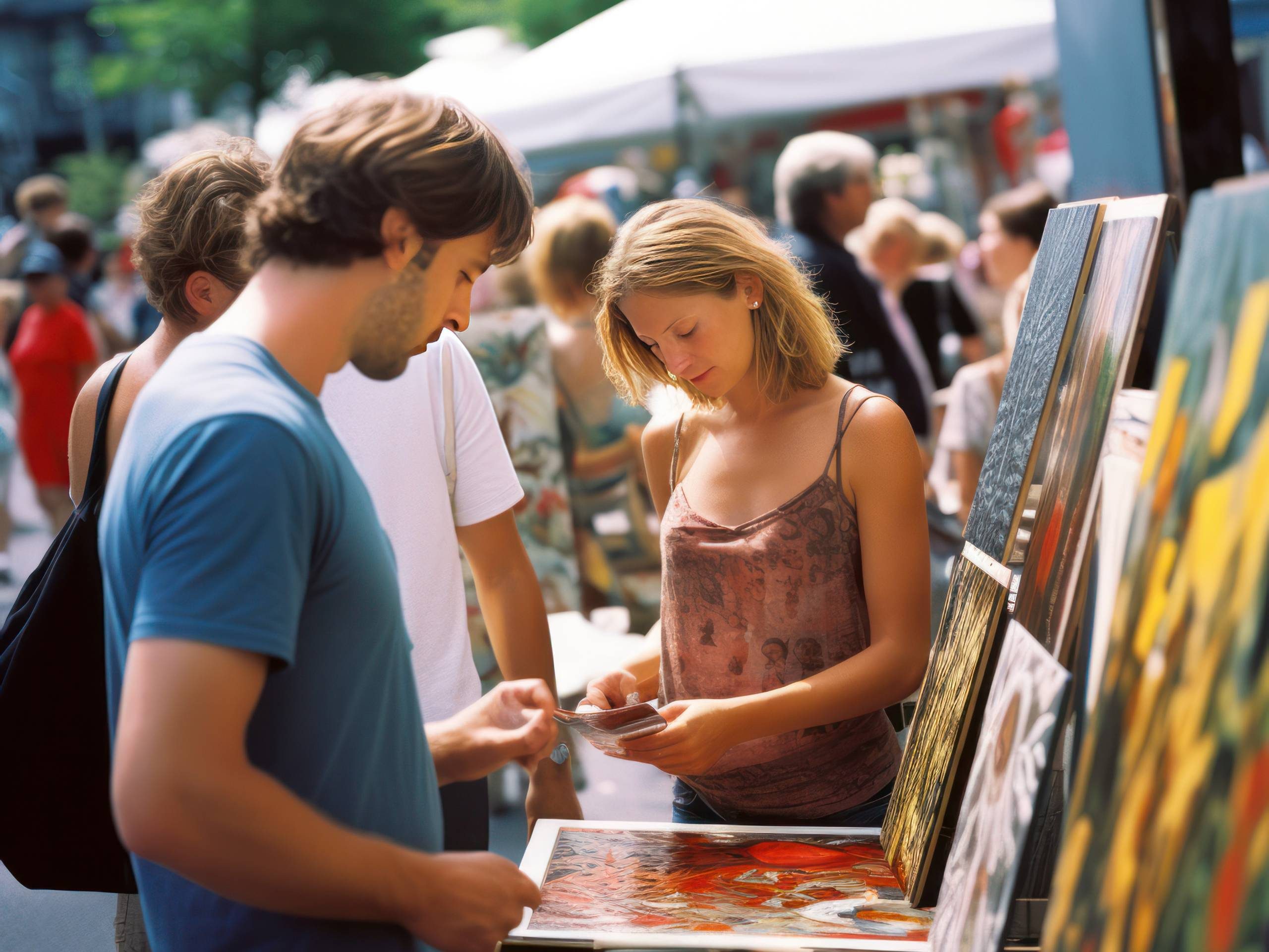 A young couple browses art for sale at an outdoor art fair