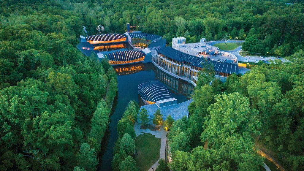Aerial view of Crystal Bridges and the surrounding nature.