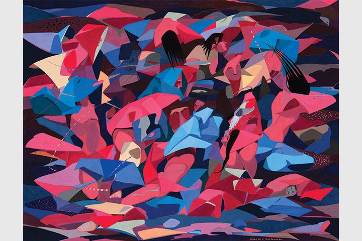 Abstract painting with overlapping geometric shapes in red, blue, pink, black, and beige.