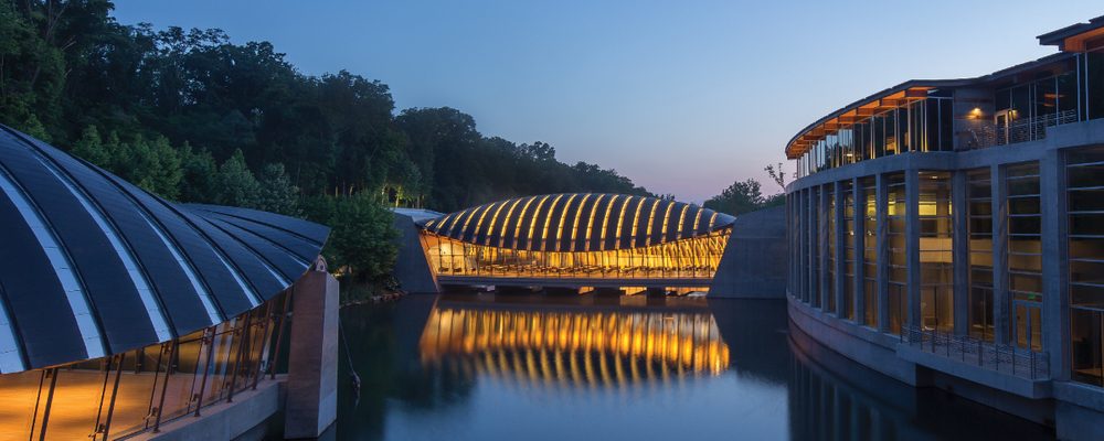 Crystal Bridges at twilight