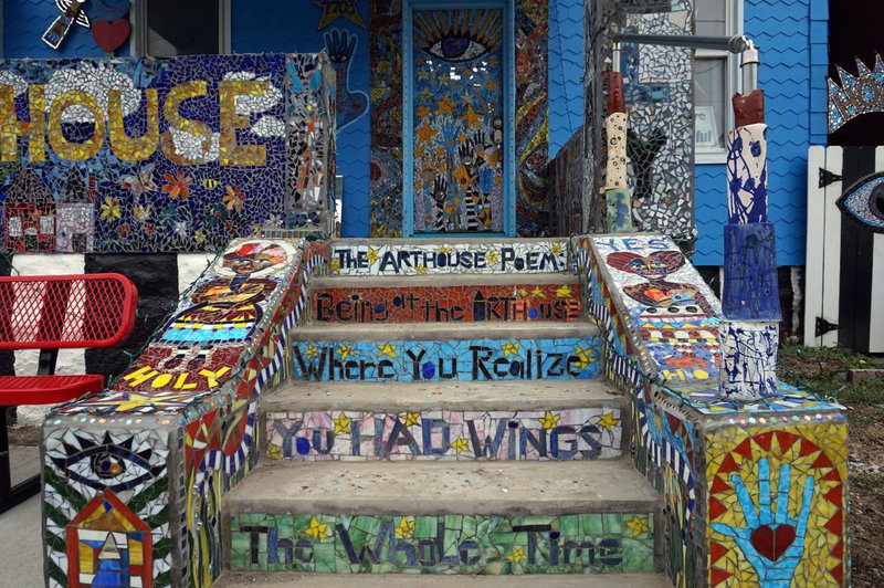 Mosaics with a message grace the Art House's steps. Photo by Erika Beras (NPR). Click this image to read NPR's January, 2016, feature about Art House.
