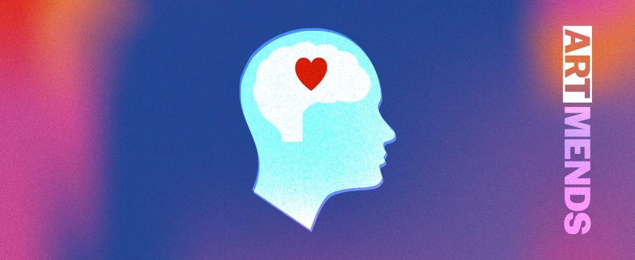 Silhouette of head with brain and heart on gradient, 