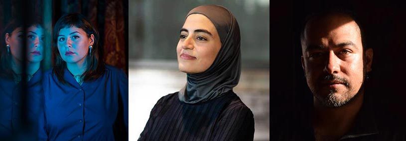 a woman with a reflection, a woman in a hijab, and an illuminated man.