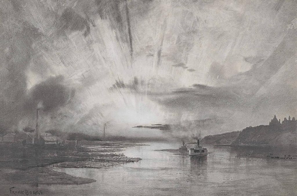 graphite and ink landscape of the aurora borealis over a river with land on either side and a boat floating on the water