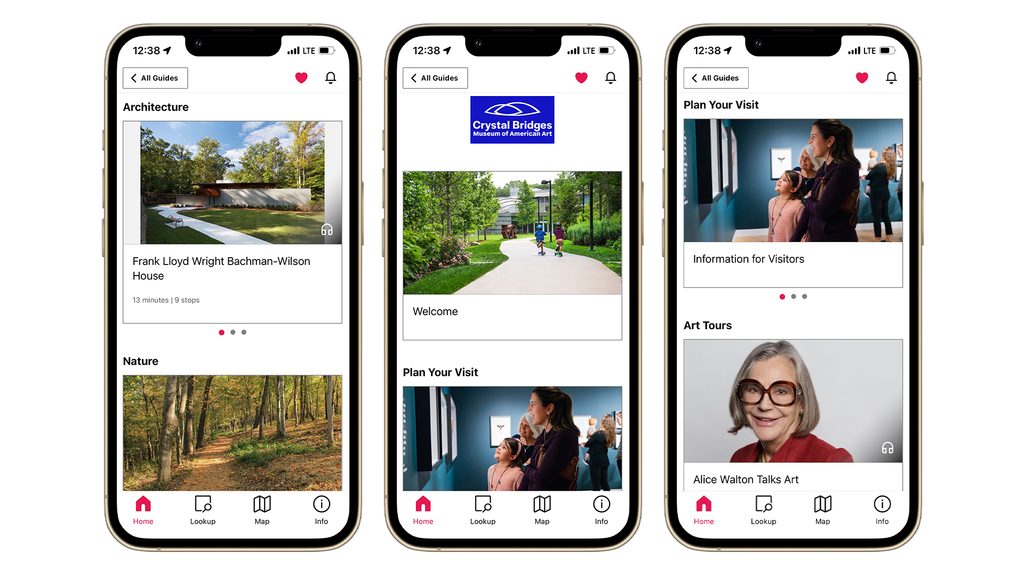 Three phones display Crystal Bridges Museum app with architecture, tours, and visitor info.