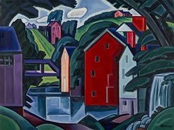 Colorful landscape of red and purple buildings among green hills, with water and a waterfall.