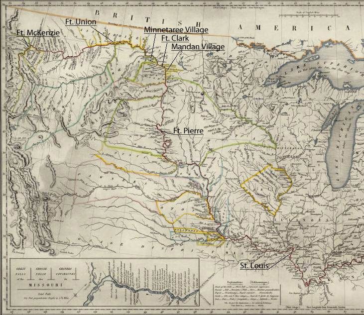 Historical map of North America showing St. Louis to British America, forts, villages, Missouri River.