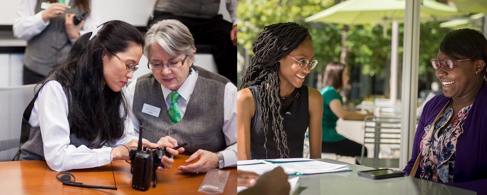 indoor device inspection; outdoor conversation with smiles and greenery.