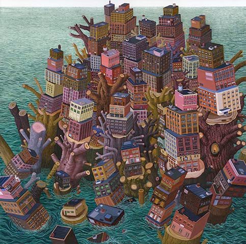 Surreal cityscape with buildings integrated into tree structures above green water.