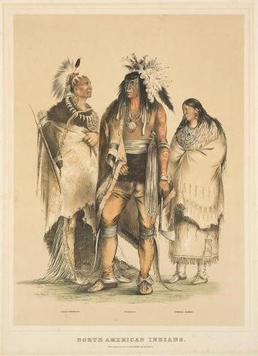 a hand-colored lithograph of three native americans standing side by side