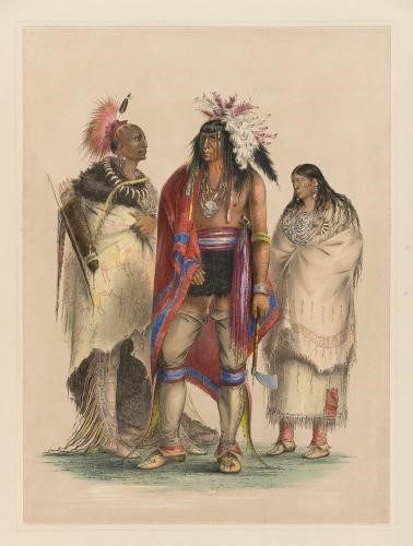 a hand-colored lithograph of three native americans standing side by side