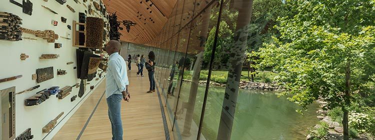 Modern gallery with glass wall, artworks on left, visitors observing, scenic greenery and pond right.