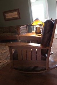 This Mission style rocking chair built by Williams contains no nails. In the background, an original Stickley sofa looks right at home. 