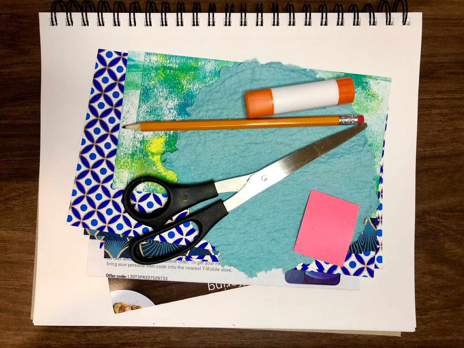 papers, pencil, glue stick, scissors, eraser.