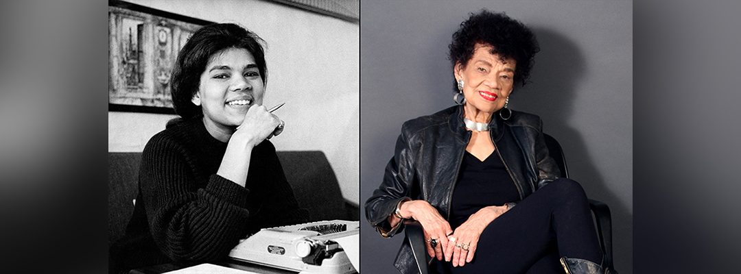 Side-by-side of a woman, younger with typewriter, older in leather jacket and earrings, both smiling.