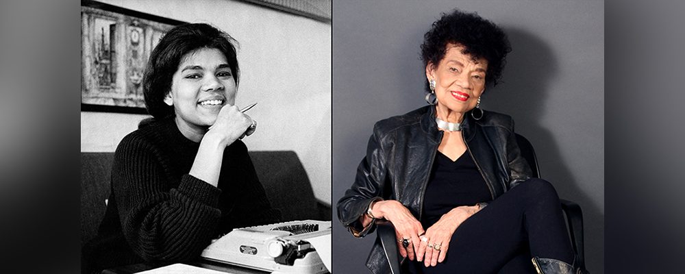 Side-by-side of a woman, younger with typewriter, older in leather jacket and earrings, both smiling.