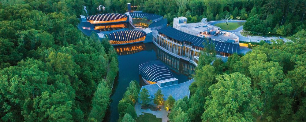 Aerial view of Crystal Bridges at dusk