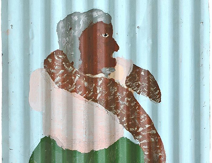 Mural on metal of figure with gray hair, white-green outfit, holding brown snake on shoulders.