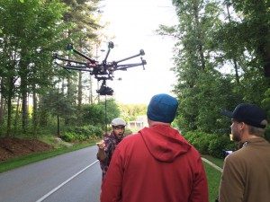 Drone awaiting orders. Director of Photography Derrick Sims is not angry in this photo: you have to shout to be heard over the buzz of the drone! 