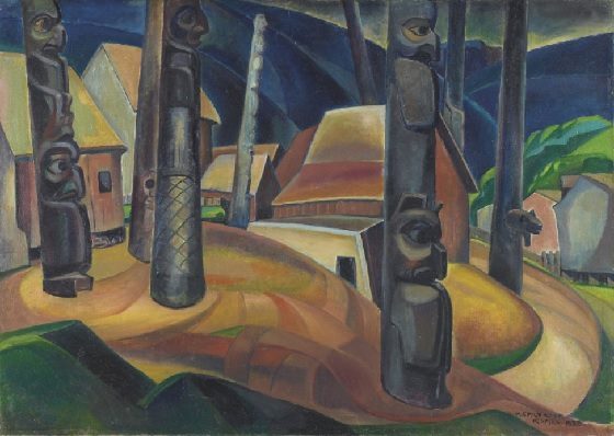 Cultural landscape with totem poles, traditional houses, trees, and hills in bold colors.