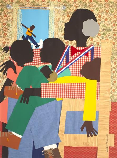 Abstract collage depicting five Black figures in colorful clothing.