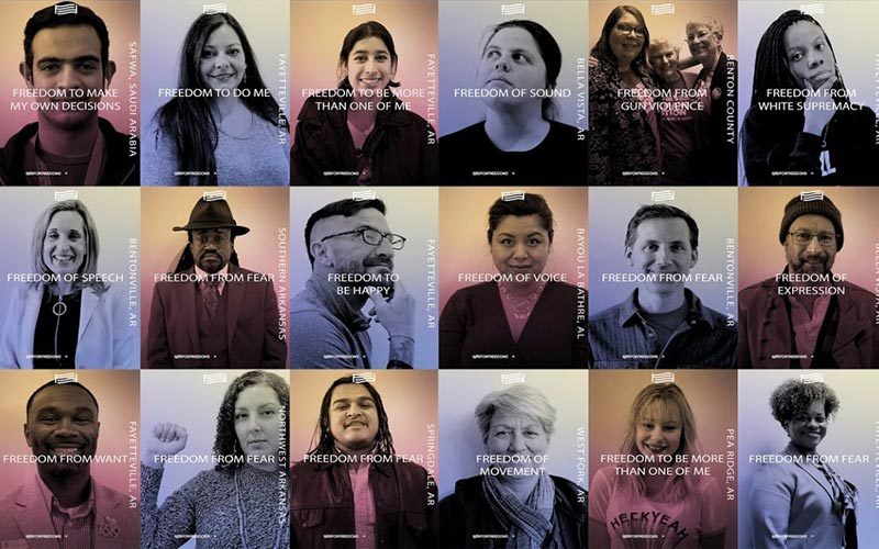 Collage of 16 people with text on various freedoms, locations like Fayetteville and Bentonville.