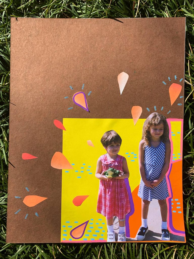 a collage on brown and yellow paper decorated with orange teardrops and a photo of two young girls
