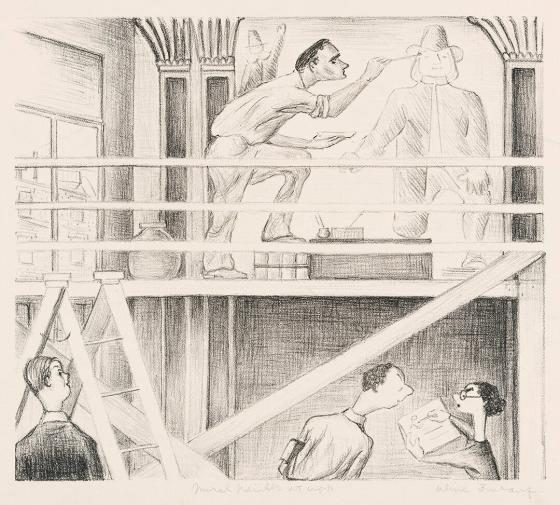 sketch of an artist painting on a balcony while three figures talk below