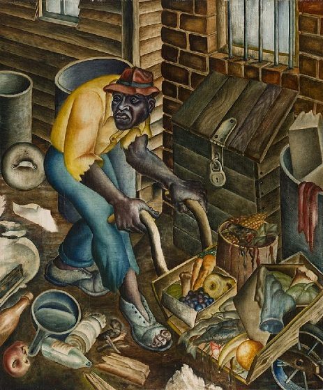 Man in worn clothing searches through mixed items, including fruits, in a cluttered outdoor area.