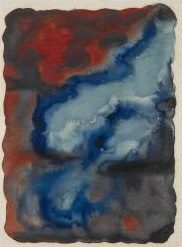 Abstract painting with swirls of blue, red, black blending into a textured, cloud-like pattern.