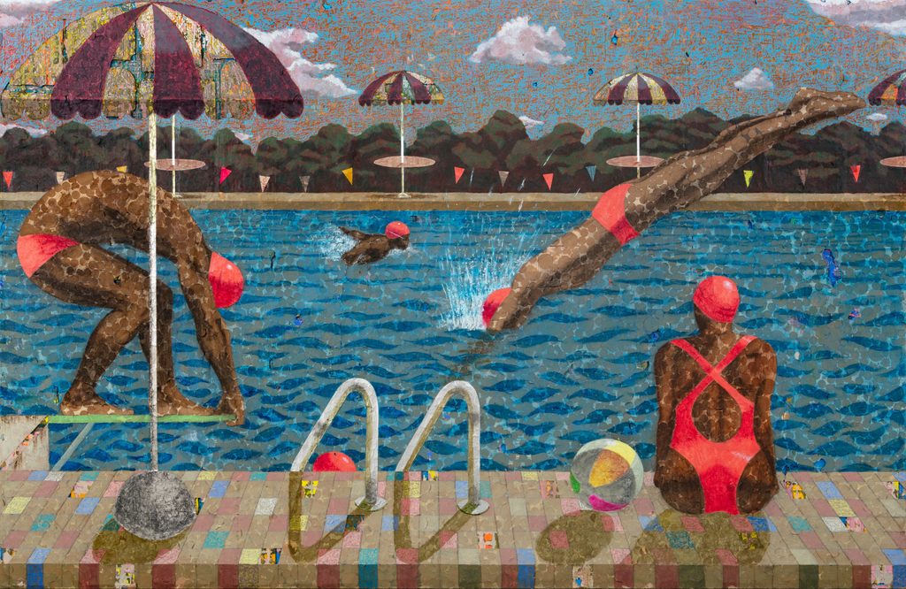 Mosaic artwork of swimmers in red swimwear, diving, swimming, and sitting poolside with umbrellas.