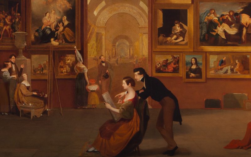 Art gallery with people viewing paintings, woman with book, man gesturing, ornate interior.