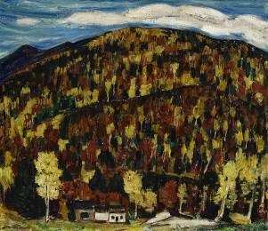 Mountain with autumn trees, a house at the base, and a cloudy sky above