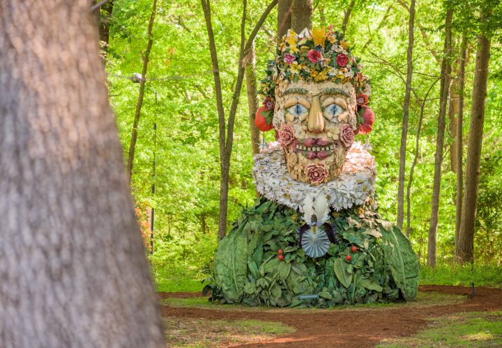 Sculpture of a human face made from flowers and leaves in a lush, green wooded area.