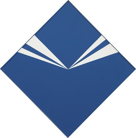 Geometric design with a blue diamond and three converging white triangles at the top.