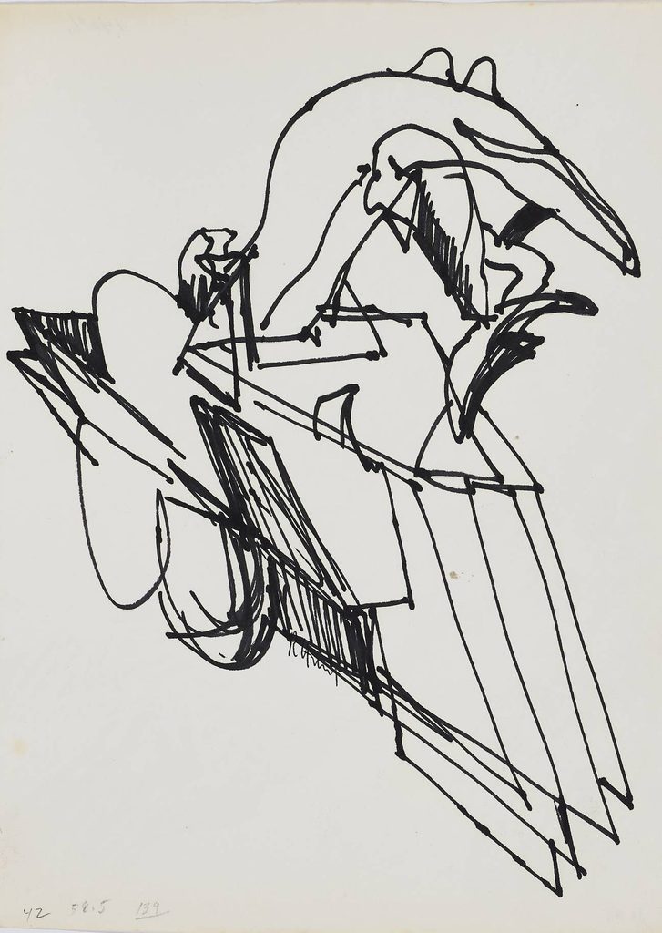 a sketch of a sculpture shaped like a train engine and wheel on the bottom with a scythe shape on top