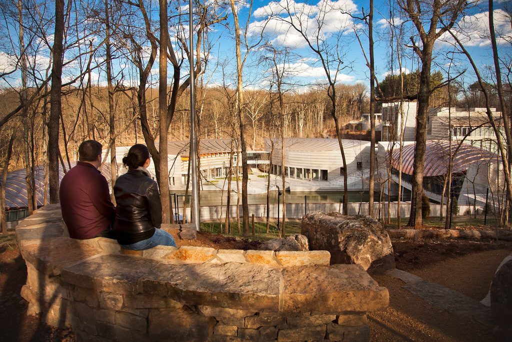 two people at the overlook looking at crystal bridges