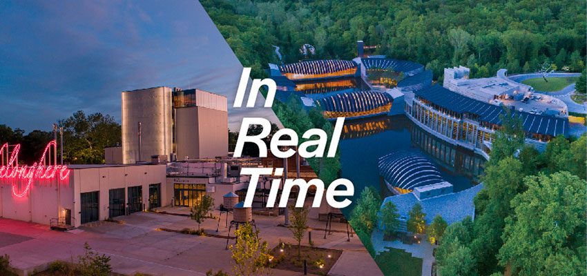 Split image contrasting a building with neon sign and a modern structure in a forest setting.