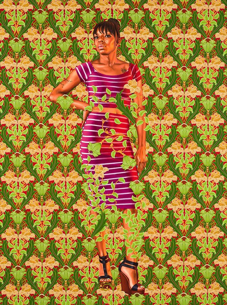 African- American woman in magenta stripped dress with vines of flowers climbing up her and weaving into the floral background