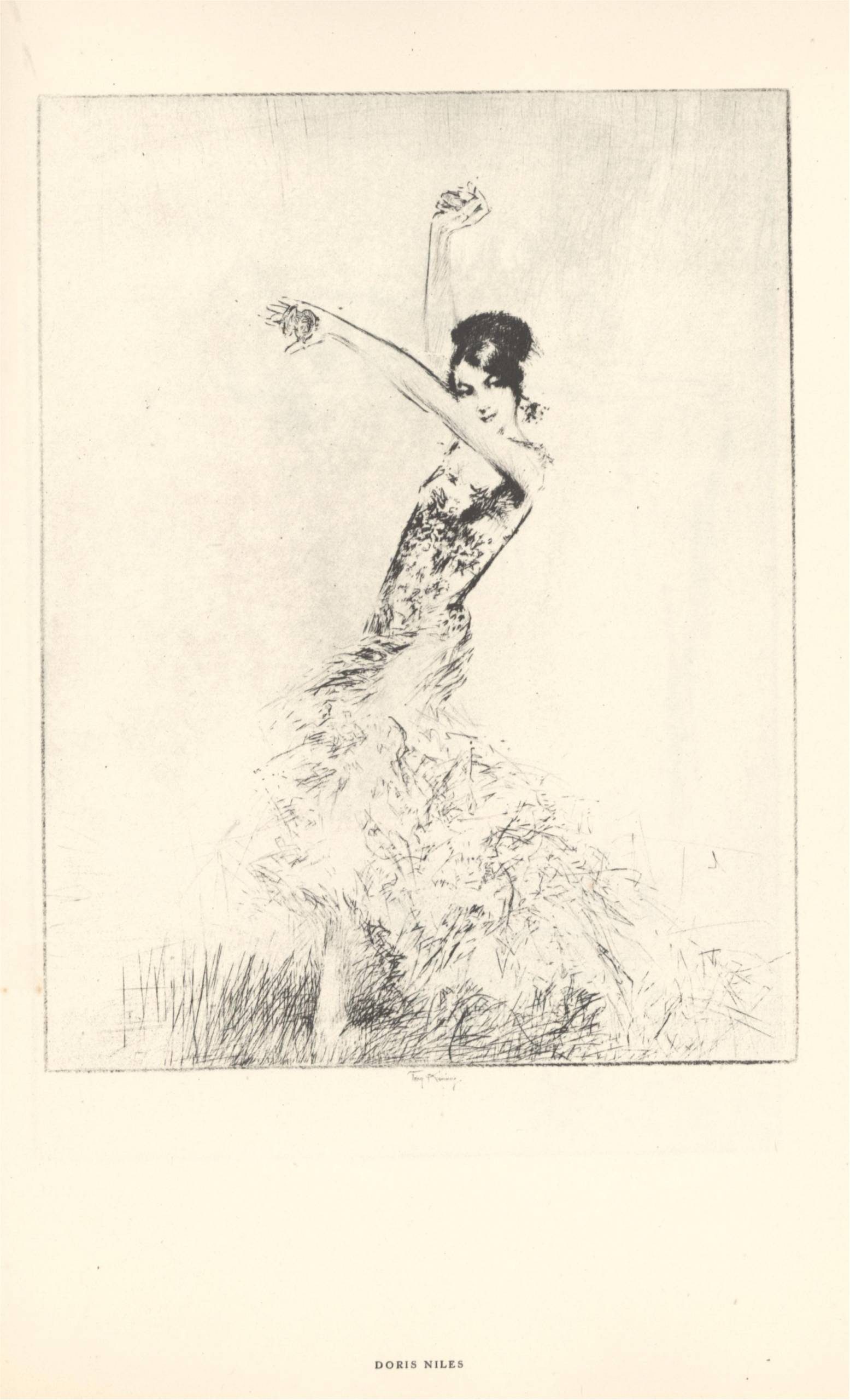 Etched art of a dancer in expressive pose with raised arms, wearing a flowing textured garment.