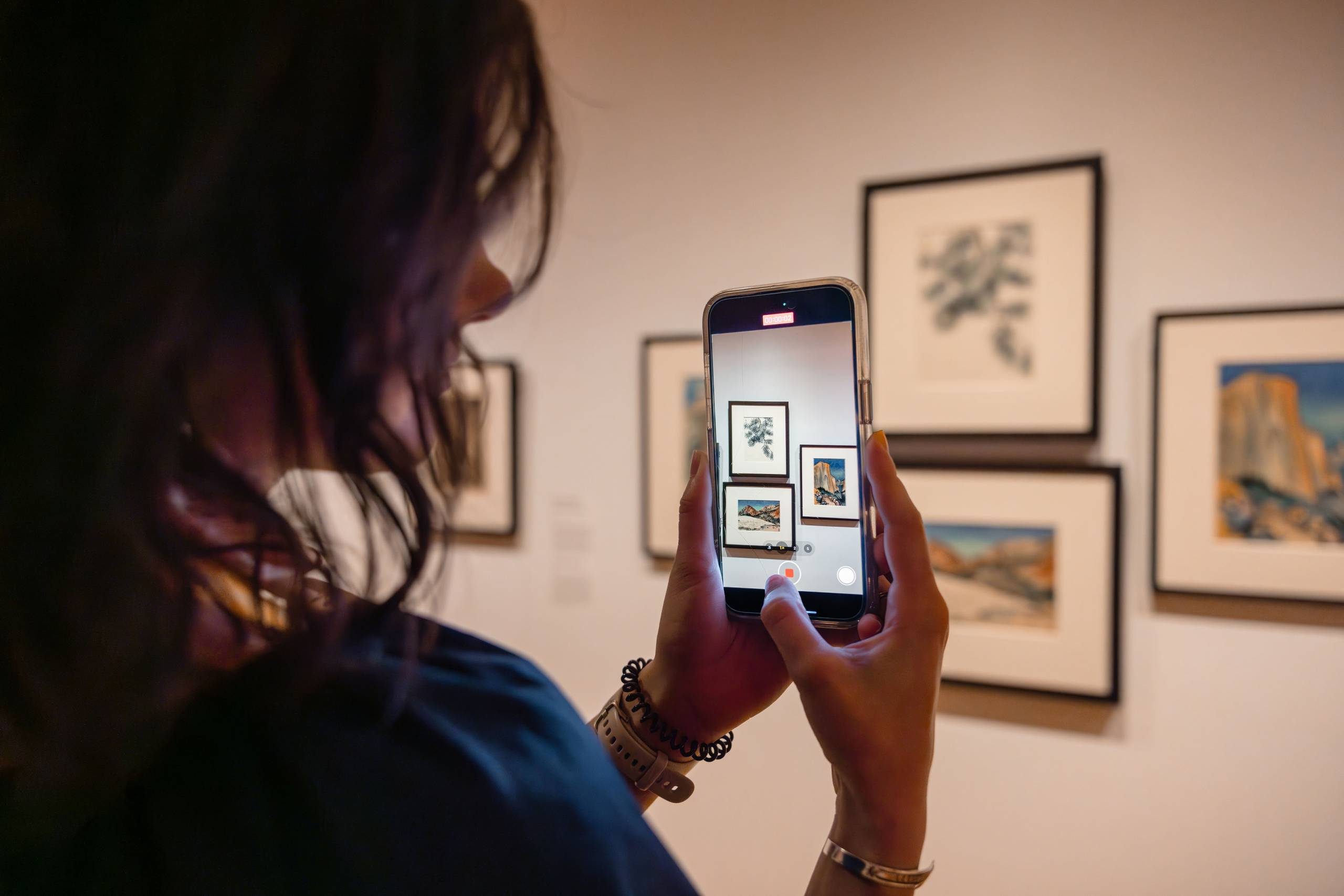 Person photographing framed artwork with a smartphone in a gallery setting.