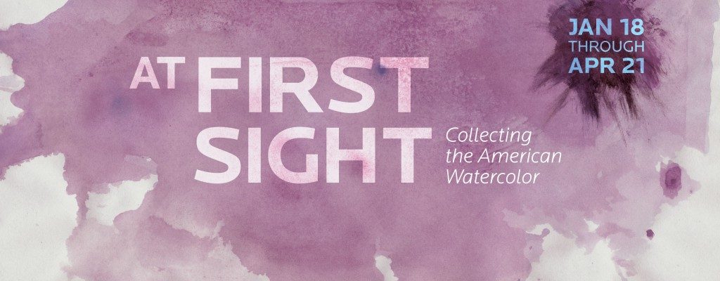 At First Sight exhibition poster with purple watercolor background, dates Jan 18-Apr 21.