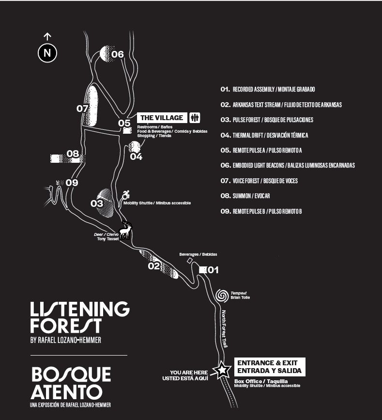 a black and white map of the eight installations of Listening Forest and where they can be found throughout the North Forest