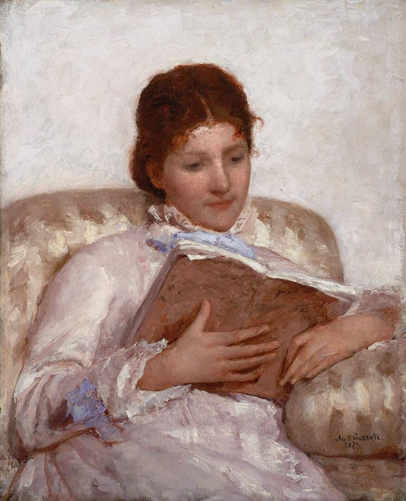 painting of a young girl sitting in chair reading a book