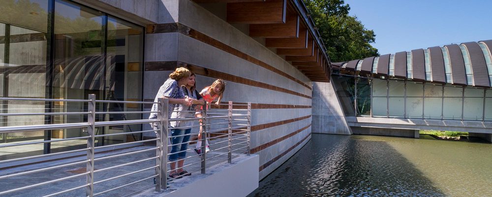 People on terrace of modern building with concrete, wood, glass, by water, surrounded by greenery.