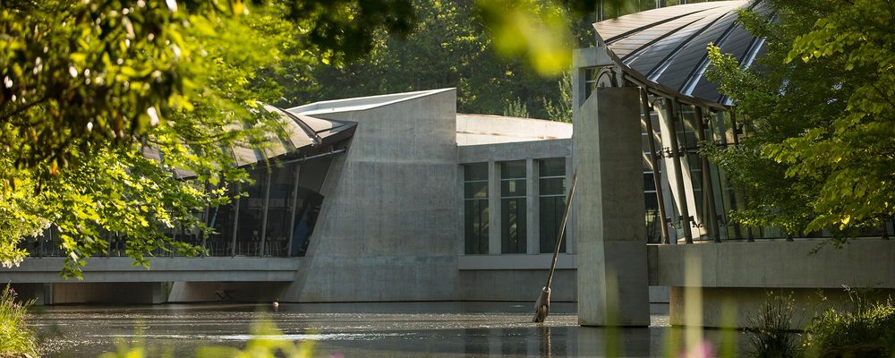 Modern building with glass and concrete, partially obscured by trees, near a reflective water body.
